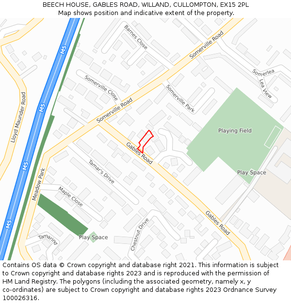 BEECH HOUSE, GABLES ROAD, WILLAND, CULLOMPTON, EX15 2PL: Location map and indicative extent of plot
