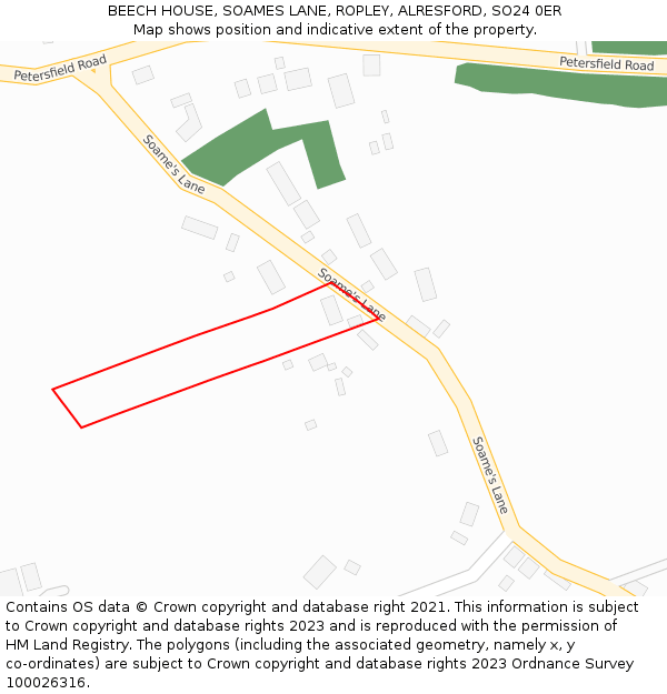 BEECH HOUSE, SOAMES LANE, ROPLEY, ALRESFORD, SO24 0ER: Location map and indicative extent of plot