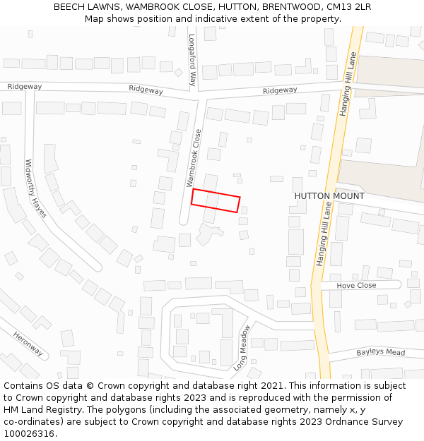 BEECH LAWNS, WAMBROOK CLOSE, HUTTON, BRENTWOOD, CM13 2LR: Location map and indicative extent of plot