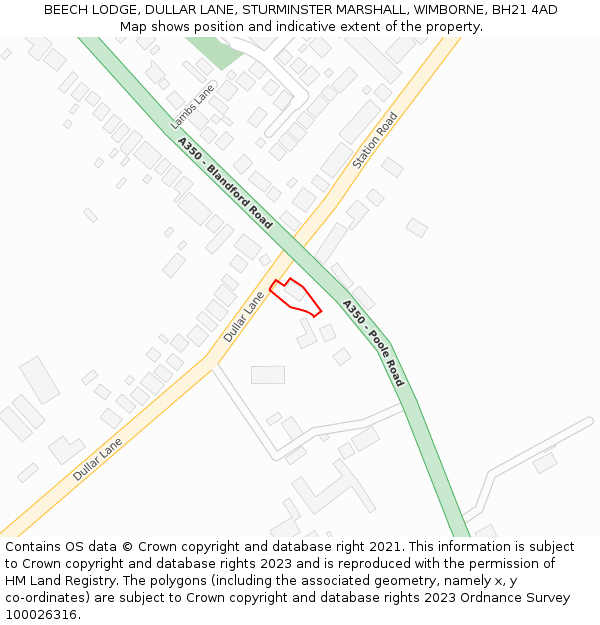 BEECH LODGE, DULLAR LANE, STURMINSTER MARSHALL, WIMBORNE, BH21 4AD: Location map and indicative extent of plot