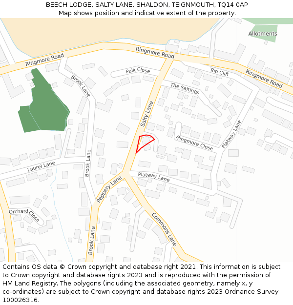 BEECH LODGE, SALTY LANE, SHALDON, TEIGNMOUTH, TQ14 0AP: Location map and indicative extent of plot