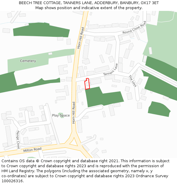 BEECH TREE COTTAGE, TANNERS LANE, ADDERBURY, BANBURY, OX17 3ET: Location map and indicative extent of plot