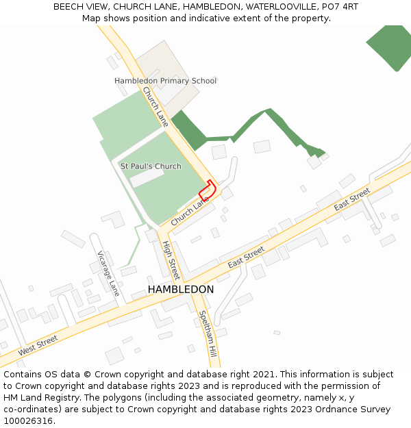 BEECH VIEW, CHURCH LANE, HAMBLEDON, WATERLOOVILLE, PO7 4RT: Location map and indicative extent of plot