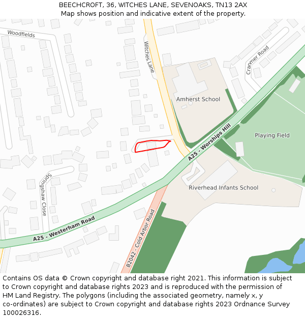 BEECHCROFT, 36, WITCHES LANE, SEVENOAKS, TN13 2AX: Location map and indicative extent of plot