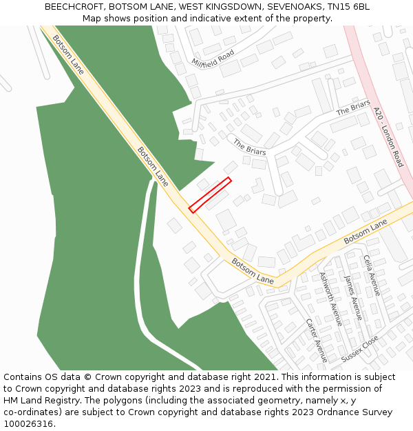 BEECHCROFT, BOTSOM LANE, WEST KINGSDOWN, SEVENOAKS, TN15 6BL: Location map and indicative extent of plot