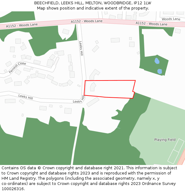 BEECHFIELD, LEEKS HILL, MELTON, WOODBRIDGE, IP12 1LW: Location map and indicative extent of plot