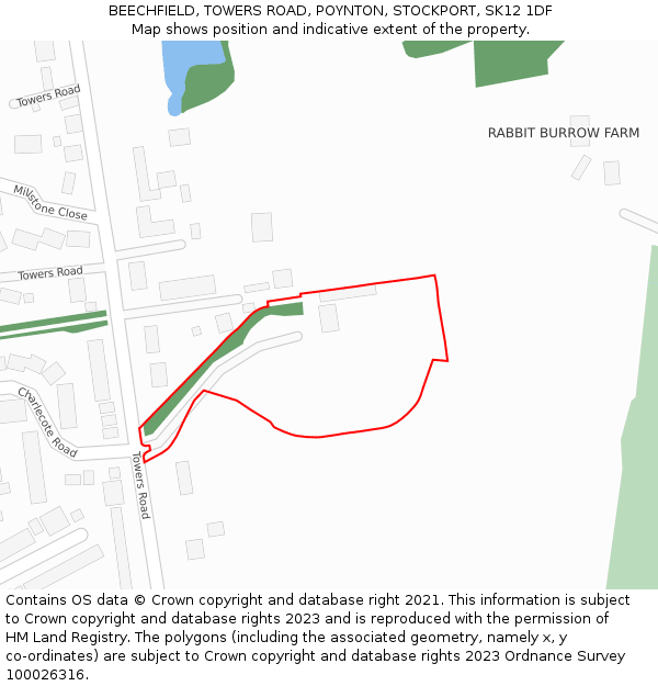 BEECHFIELD, TOWERS ROAD, POYNTON, STOCKPORT, SK12 1DF: Location map and indicative extent of plot