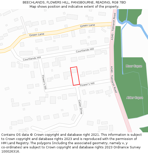 BEECHLANDS, FLOWERS HILL, PANGBOURNE, READING, RG8 7BD: Location map and indicative extent of plot