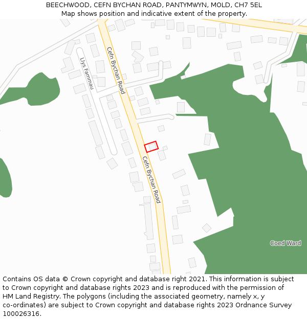 BEECHWOOD, CEFN BYCHAN ROAD, PANTYMWYN, MOLD, CH7 5EL: Location map and indicative extent of plot
