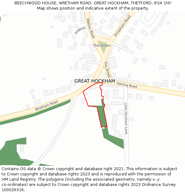 BEECHWOOD HOUSE, WRETHAM ROAD, GREAT HOCKHAM, THETFORD, IP24 1NY: Location map and indicative extent of plot