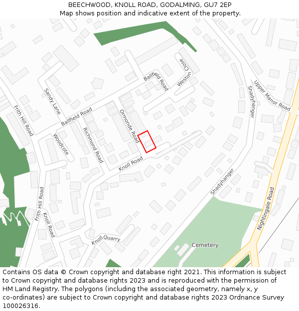BEECHWOOD, KNOLL ROAD, GODALMING, GU7 2EP: Location map and indicative extent of plot