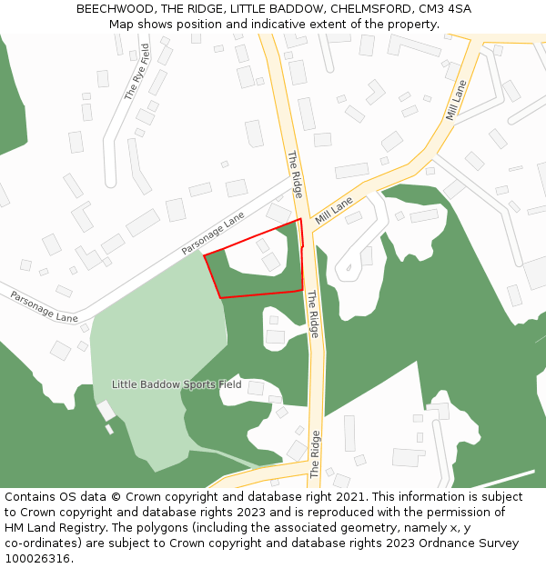 BEECHWOOD, THE RIDGE, LITTLE BADDOW, CHELMSFORD, CM3 4SA: Location map and indicative extent of plot