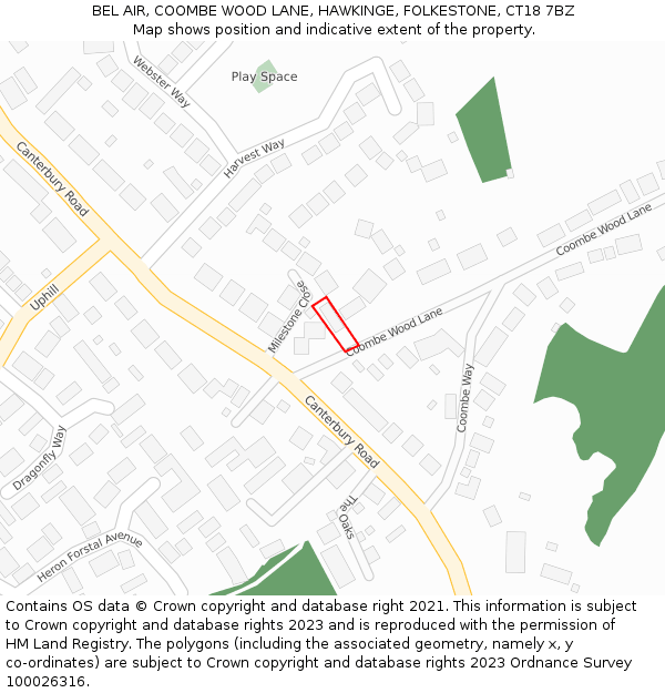 BEL AIR, COOMBE WOOD LANE, HAWKINGE, FOLKESTONE, CT18 7BZ: Location map and indicative extent of plot