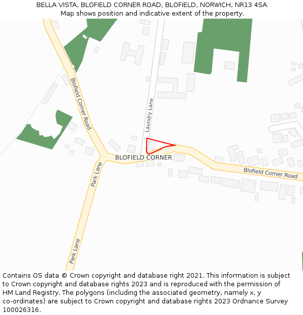 BELLA VISTA, BLOFIELD CORNER ROAD, BLOFIELD, NORWICH, NR13 4SA: Location map and indicative extent of plot