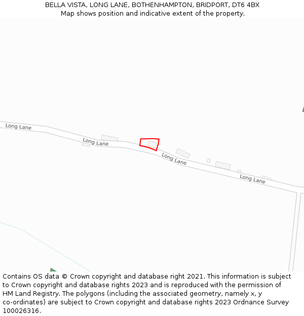 BELLA VISTA, LONG LANE, BOTHENHAMPTON, BRIDPORT, DT6 4BX: Location map and indicative extent of plot