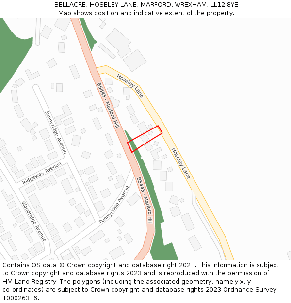 BELLACRE, HOSELEY LANE, MARFORD, WREXHAM, LL12 8YE: Location map and indicative extent of plot