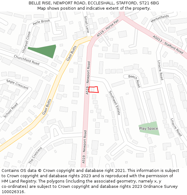 BELLE RISE, NEWPORT ROAD, ECCLESHALL, STAFFORD, ST21 6BG: Location map and indicative extent of plot