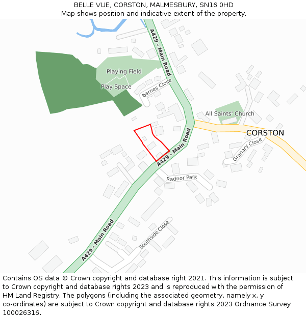 BELLE VUE, CORSTON, MALMESBURY, SN16 0HD: Location map and indicative extent of plot