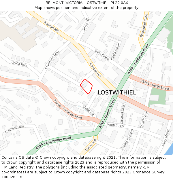 BELMONT, VICTORIA, LOSTWITHIEL, PL22 0AX: Location map and indicative extent of plot