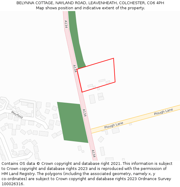 BELYNNA COTTAGE, NAYLAND ROAD, LEAVENHEATH, COLCHESTER, CO6 4PH: Location map and indicative extent of plot