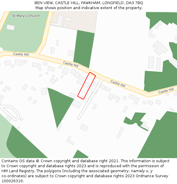 BEN VIEW, CASTLE HILL, FAWKHAM, LONGFIELD, DA3 7BQ: Location map and indicative extent of plot