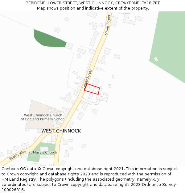 BERIDENE, LOWER STREET, WEST CHINNOCK, CREWKERNE, TA18 7PT: Location map and indicative extent of plot