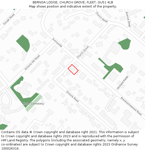 BERNOA LODGE, CHURCH GROVE, FLEET, GU51 4LB: Location map and indicative extent of plot