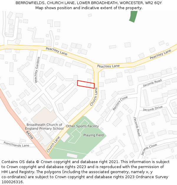 BERROWFIELDS, CHURCH LANE, LOWER BROADHEATH, WORCESTER, WR2 6QY: Location map and indicative extent of plot