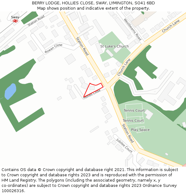 BERRY LODGE, HOLLIES CLOSE, SWAY, LYMINGTON, SO41 6BD: Location map and indicative extent of plot