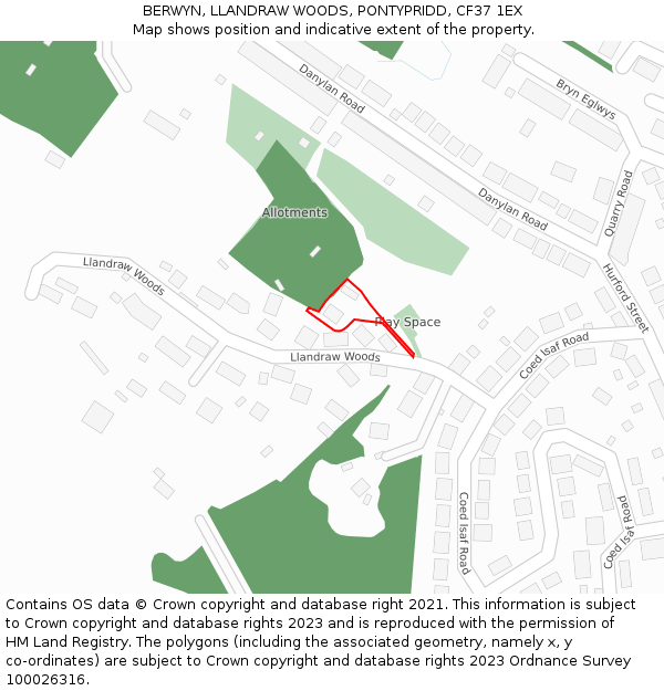 BERWYN, LLANDRAW WOODS, PONTYPRIDD, CF37 1EX: Location map and indicative extent of plot