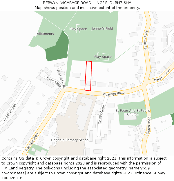 BERWYN, VICARAGE ROAD, LINGFIELD, RH7 6HA: Location map and indicative extent of plot