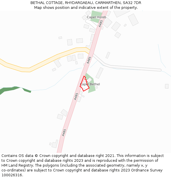 BETHAL COTTAGE, RHYDARGAEAU, CARMARTHEN, SA32 7DR: Location map and indicative extent of plot