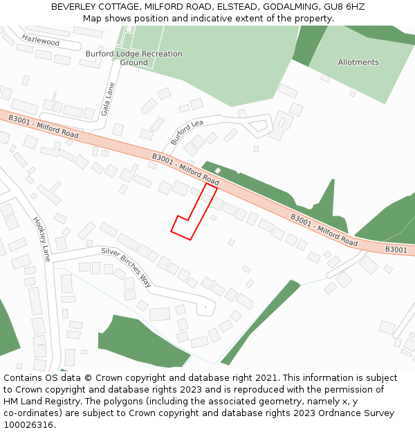 BEVERLEY COTTAGE, MILFORD ROAD, ELSTEAD, GODALMING, GU8 6HZ: Location map and indicative extent of plot