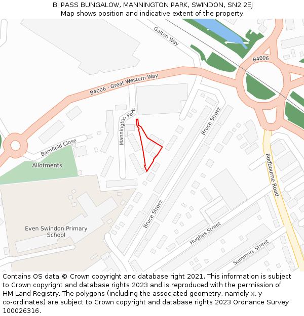 BI PASS BUNGALOW, MANNINGTON PARK, SWINDON, SN2 2EJ: Location map and indicative extent of plot