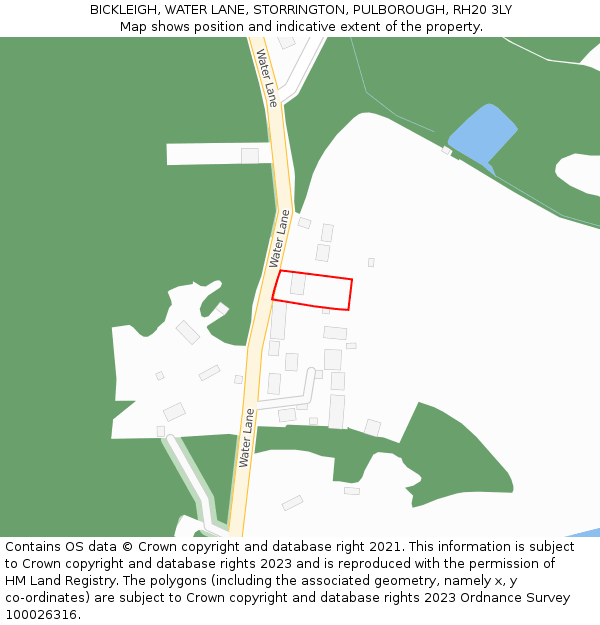 BICKLEIGH, WATER LANE, STORRINGTON, PULBOROUGH, RH20 3LY: Location map and indicative extent of plot