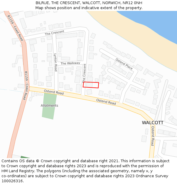 BILRUE, THE CRESCENT, WALCOTT, NORWICH, NR12 0NH: Location map and indicative extent of plot