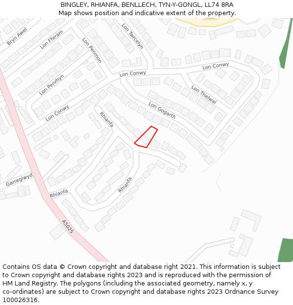 BINGLEY, RHIANFA, BENLLECH, TYN-Y-GONGL, LL74 8RA: Location map and indicative extent of plot