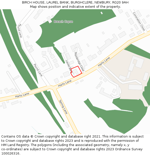 BIRCH HOUSE, LAUREL BANK, BURGHCLERE, NEWBURY, RG20 9AH: Location map and indicative extent of plot