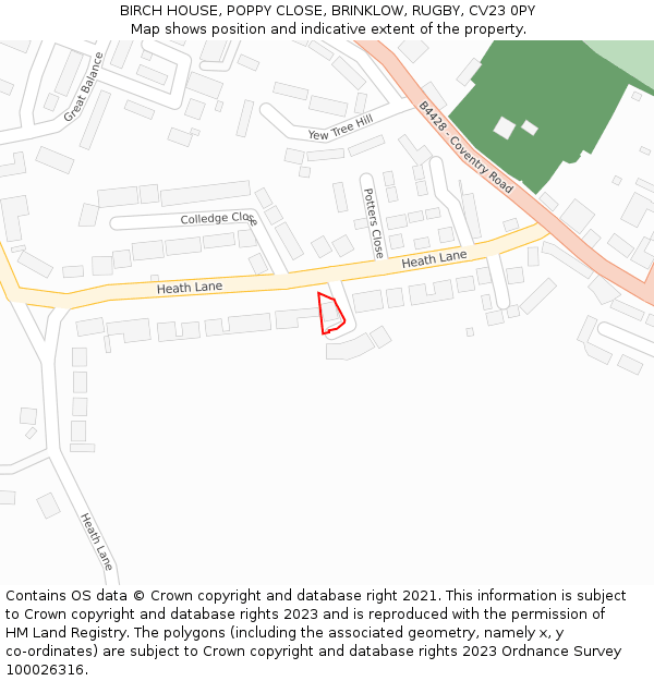 BIRCH HOUSE, POPPY CLOSE, BRINKLOW, RUGBY, CV23 0PY: Location map and indicative extent of plot