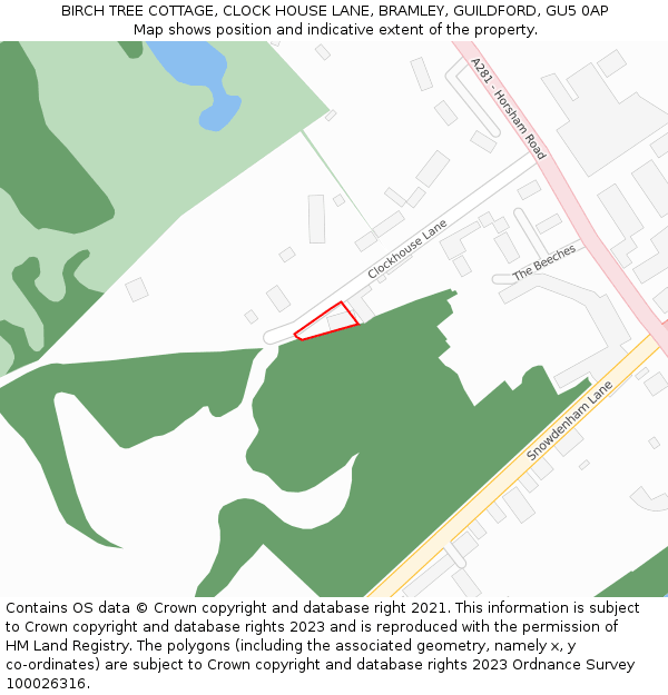 BIRCH TREE COTTAGE, CLOCK HOUSE LANE, BRAMLEY, GUILDFORD, GU5 0AP: Location map and indicative extent of plot