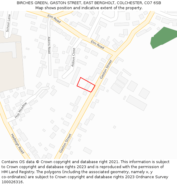 BIRCHES GREEN, GASTON STREET, EAST BERGHOLT, COLCHESTER, CO7 6SB: Location map and indicative extent of plot