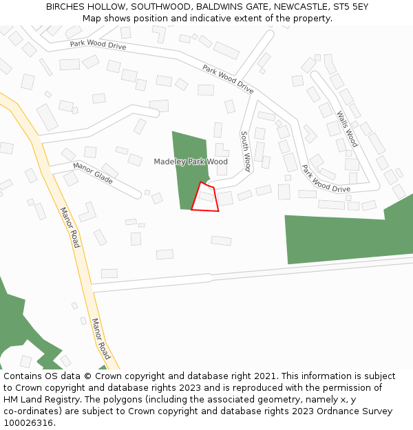 BIRCHES HOLLOW, SOUTHWOOD, BALDWINS GATE, NEWCASTLE, ST5 5EY: Location map and indicative extent of plot