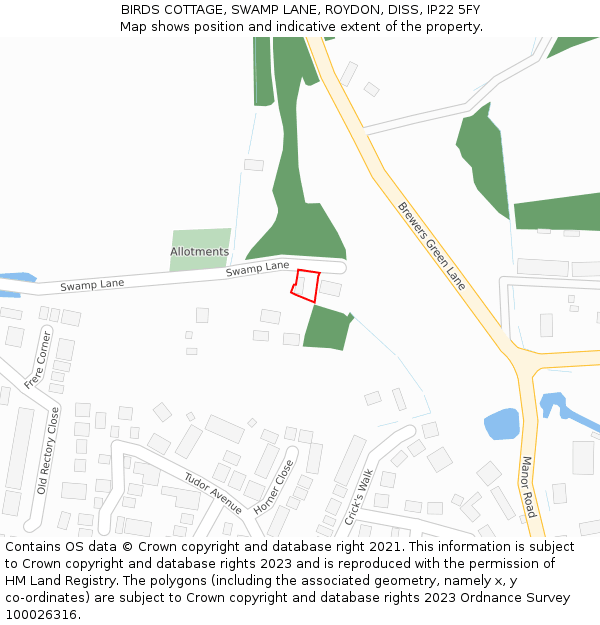 BIRDS COTTAGE, SWAMP LANE, ROYDON, DISS, IP22 5FY: Location map and indicative extent of plot