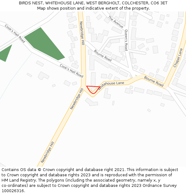 BIRDS NEST, WHITEHOUSE LANE, WEST BERGHOLT, COLCHESTER, CO6 3ET: Location map and indicative extent of plot