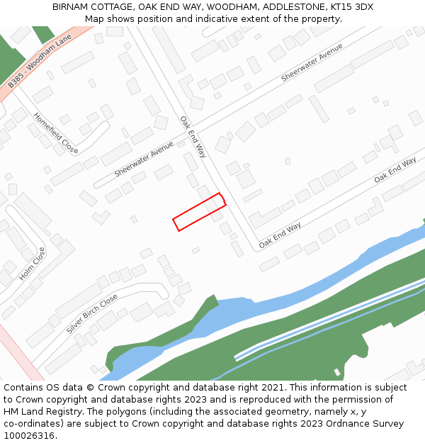 BIRNAM COTTAGE, OAK END WAY, WOODHAM, ADDLESTONE, KT15 3DX: Location map and indicative extent of plot