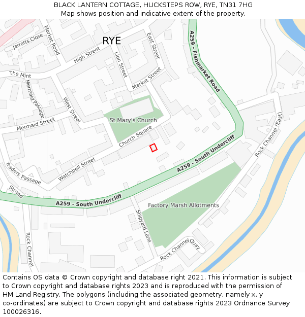 BLACK LANTERN COTTAGE, HUCKSTEPS ROW, RYE, TN31 7HG: Location map and indicative extent of plot