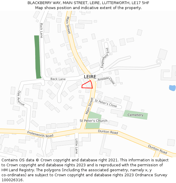 BLACKBERRY WAY, MAIN STREET, LEIRE, LUTTERWORTH, LE17 5HF: Location map and indicative extent of plot
