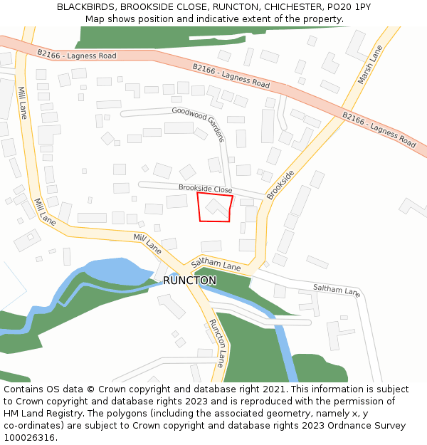 BLACKBIRDS, BROOKSIDE CLOSE, RUNCTON, CHICHESTER, PO20 1PY: Location map and indicative extent of plot