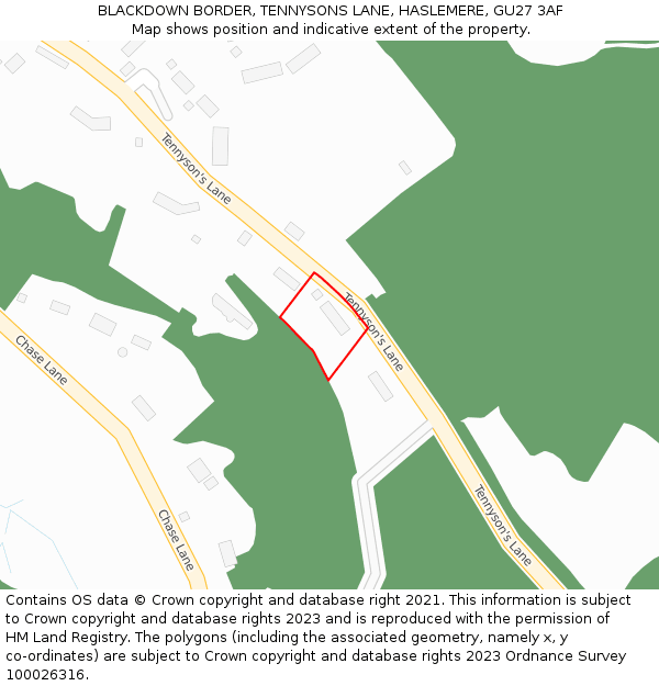 BLACKDOWN BORDER, TENNYSONS LANE, HASLEMERE, GU27 3AF: Location map and indicative extent of plot