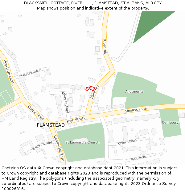 BLACKSMITH COTTAGE, RIVER HILL, FLAMSTEAD, ST ALBANS, AL3 8BY: Location map and indicative extent of plot